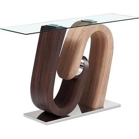 Pegane – Console en acier argenté et MDF marron – Longueur 120 cm – Profondeur 40 cm – Hauteur 76 cm – Plateau en verre
