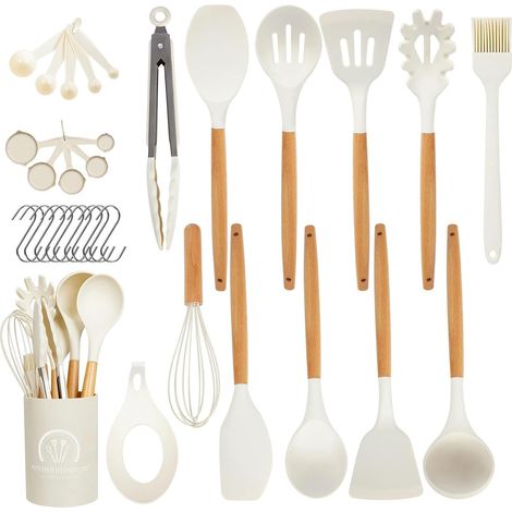 33 Pièces Ustensiles De Cuisine Silicone, Set Ustensile Cuisine en Silicone et Manche Bois, Résistants à Chaleur et Antiadhésifs - Cuisine Accessoires, sans BPA, avec seau de stockage (1/5)