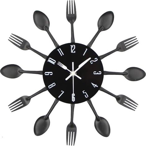 Horloge de cuisine effet miroir avec cuillère, fourchette, autocollant amovible en 3D pour la décoration de la maison 30304CM (1/5)