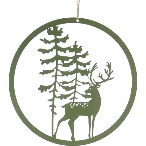 Kaemingk – Décoration de fenêtre ronde avec cerf et sapins – Bois, vert, Ø 30 cm (1/2)
