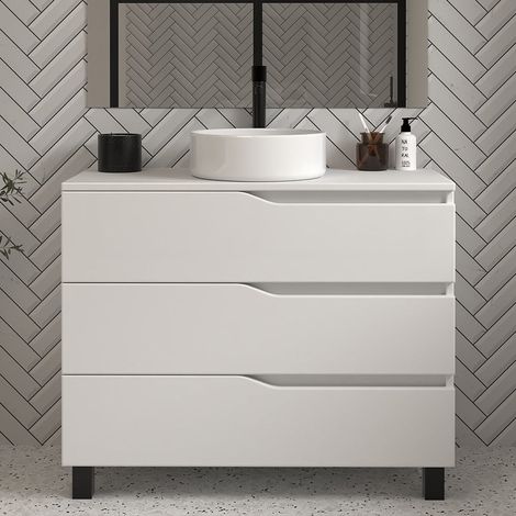 Meuble de salle de bain 90cm avec plateau et vasque à poser - 3 tiroirs - sans miroir - blanc - MATA (1/4)
