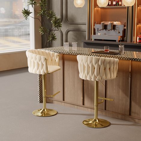 Barhocker im 2er-Set Samt, Barstühle mit gewebter Rückenlehne und goldenen Füßen, verstellbarer Bistrohocker, 360°-Drehstuhl, skandinavischer Barhocker, Beige (1/5)