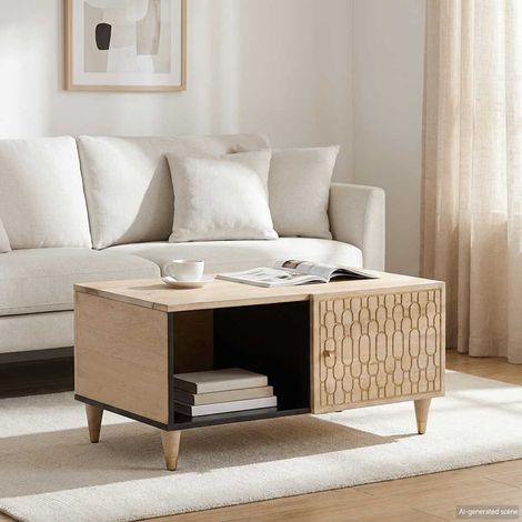 Table basse en bois de manguier massif sculpté avec rangement 80 x 50 x 40 cm - PANGIVO (1/5)