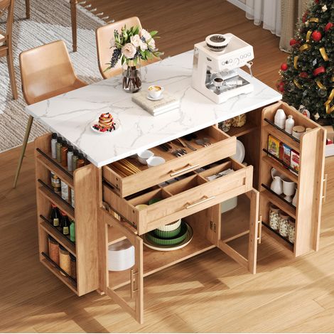 Isla de cocina móvil con encimera abatible de MDF y vidrio templado 120 x 45/70 x 88,4 cm OKWISH (1/5)