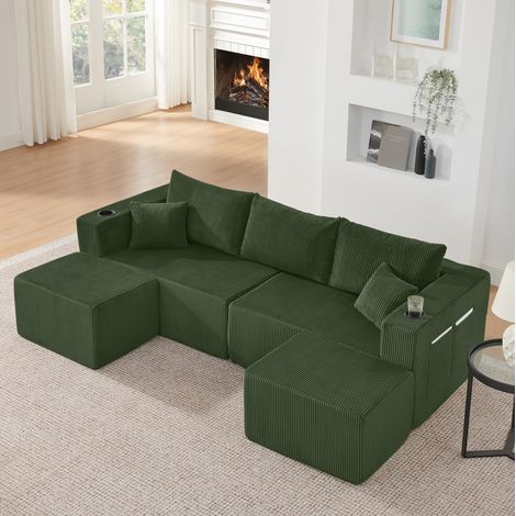 Divano angolare modulare a 3 posti in velluto a coste verde con chaise mobile e portabicchieri (1/5)