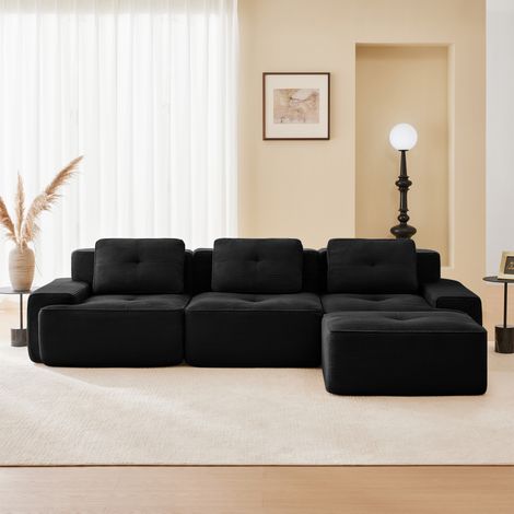 Modulares 3-Sitzer-Ecksofa aus Cord mit 1 Hocker, rahmenlos, 32D-Elastik, extra tiefe Sitze, 293 x 177 x 69 cm, schwarz