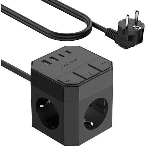Multiprise Cube USB C avec Interrupteurs individuels,Multiprise avec 3 Prises et 2 Type C,2 USB A, Bloc Multiprises (3680W 16A) USB avec Cable 2m pour Smartphone Tablette- Noir (1/5)