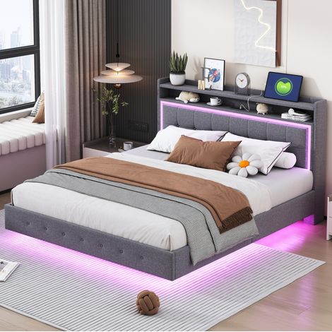 Lit tapissé 160/200 cm gris en tissu effet lin avec prise USB et éclairage LED (1/5)