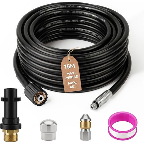 15 m Drain Unblocker Hose Compatible with Cleaner, with Jet Nozzle and Rotating Nozzle, 240 Bar 60 ° Professional Ferret Kit Compatible with K2, K3, K4, K5, K6, K7 (1/5)