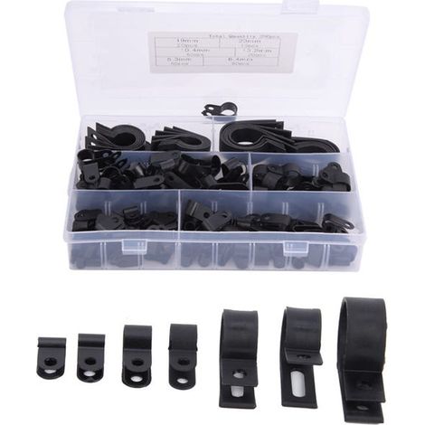royaluxe - Lot de 200 serre-câbles en plastique et nylon, type R, type P, attaches pour câbles, boîte assortie (noir)