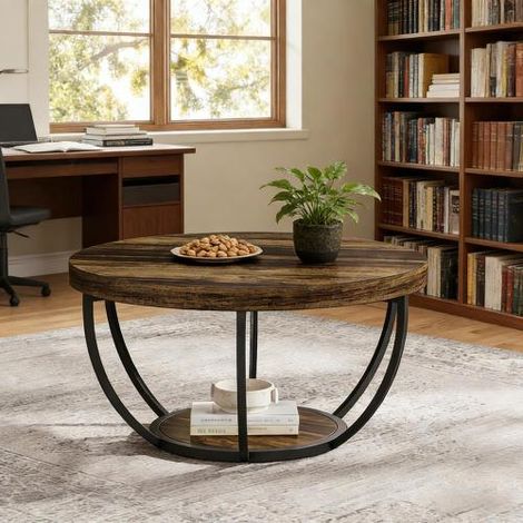 Table basse ronde en bois à deux niveaux, petite table d'appoint design pour salon (1/4)