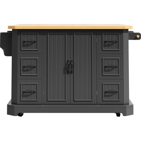 Mobile Kücheninsel schwarz mit 2 Türen und 6 Schubladen 120 x 45 x 91 cm (1/5)