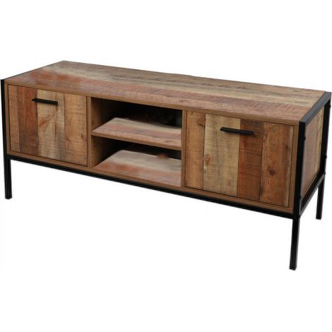 Meuble de Télévision Métal Noir et Bois 2 Portes + 2 Étagères (1/4)