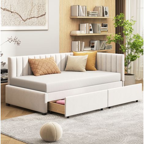 Letto da giorno imbottito Mid-Century 90x200 cm beige, con testiera/schienale, braccioli, 2 cassetti e rete a doghe (1/5)