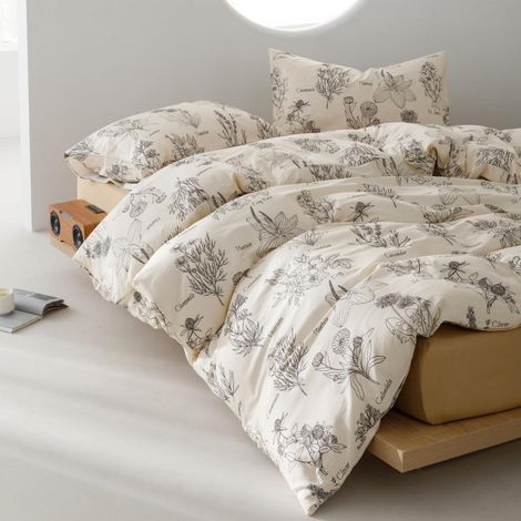 Bettwäsche-Set 155x220 cm 3-teilig Baumwolle Blumenmuster Schwarz/Beige OEKO-TEX