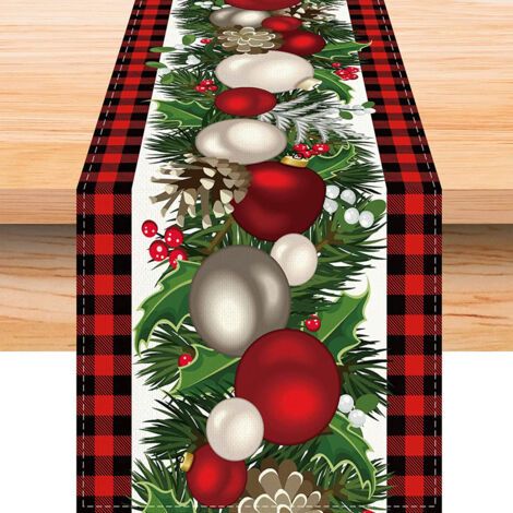 Chemin de table Noël lin carreaux rouges/noirs, 183 cm, style champêtre, fêtes/hiver (1/5)