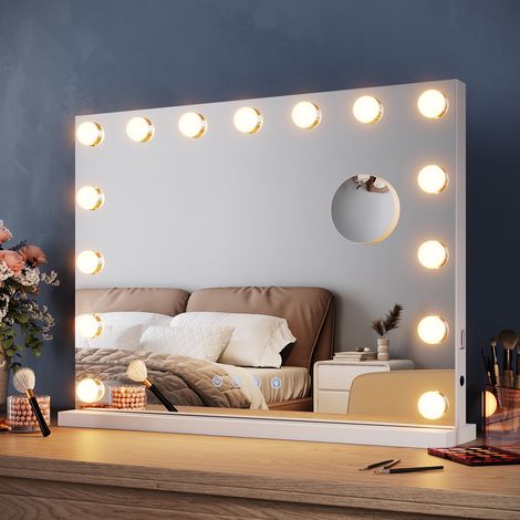 ELEGANT Hollywood Vanity Mirror 58x43cm with Bluetooth Speakers Hanging Makeup Mirror with 15 Dimmable Bulbs and 10X Magnifying Mirror 3 Color Lighting, USB Charging Port (1/5)