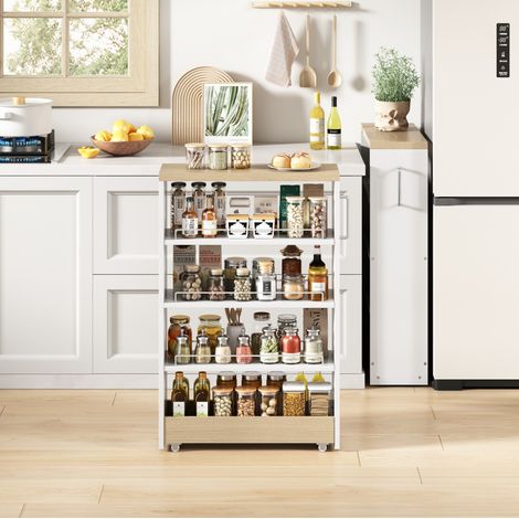 Carrello portaoggetti stretto 16 cm, 4 ripiani regolabili, su ruote, bianco effetto legno HAVRYA (1/5)