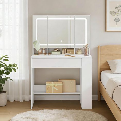 Coiffeuse 90x40x135 cm blanche en MDF et verre avec miroir LED réglable et rangements (1/5)