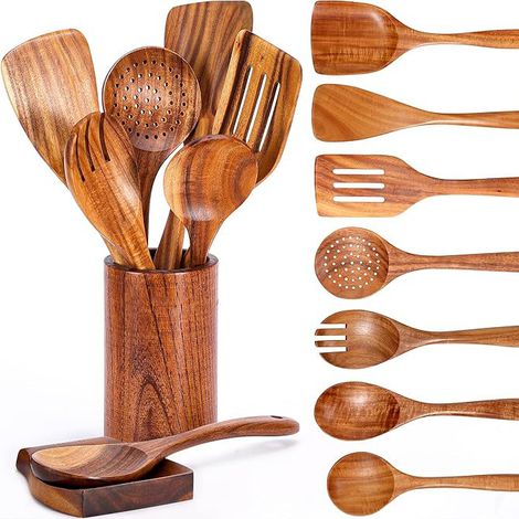 9-Piece Teakwood Kitchen Utensil Set – Spatula, Ladle, Fork, and More with Storage Pot and Spoon Rest, Ideal for Non-Stick Pans (1/3)