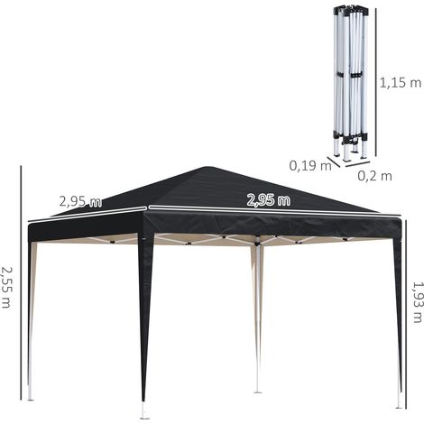Pavillon pliable et dépliable de 2,95 x 2,95 m, pavillon de jardin, tente de réception, protection UV, acier et tissu Oxford, noir