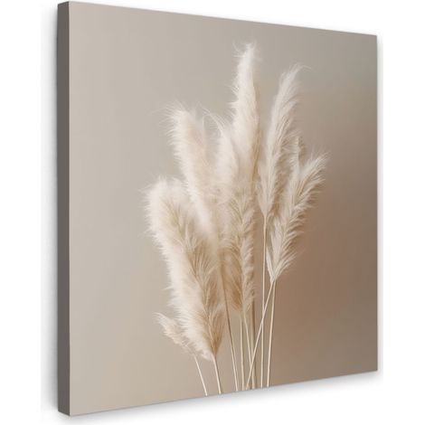 TABLEAU SUR TOILE Herbe de la pampa - Plumes - Pastel - Blanc Tableau Chambre Adulte 90x90 cm