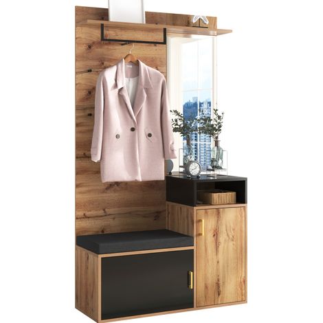 Vestiaire d'entrée complet avec miroir, banc, meuble à chaussures, 4 crochets et penderie, rangement mural noir et bois pour hall, set 2 pièces – CHICFURN (1/5)