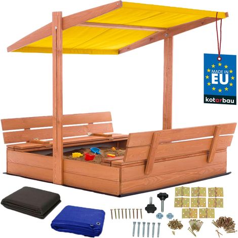 KOTARBAU® Bac à Sable Enfant Extérieur Bois de Pin 120x120 cm Marron Bac à Sable avec Couvercle et Bancs Pliables Protection Solaire avec Toit Jaune