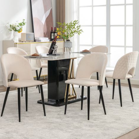 Sedia da pranzo (6 pezzi), sedia di design imbottita con schienale, seduta in velluto, struttura in metallo, piedini regolabili, motivo a rombi sullo schienale, beige