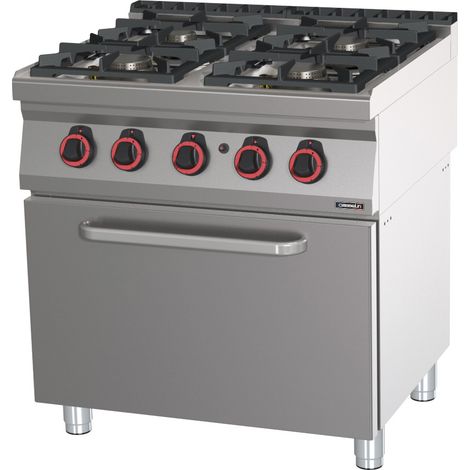 Fourneau gaz 4 feux avec four à gaz GN 2/1 – Chaleur statique – Dimensions L 682 x P 558 x H 348 mm – Puissance 3 x 7500W – Casselin