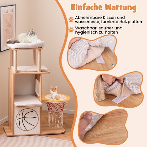 Poste rascador de madera, torre de escalada con temática deportiva de 120 cm y casa para gatos de 2 niveles, natural