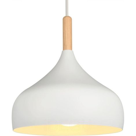 Retro pendant light, 24 cm, modern Scandinavian style teardrop shape, E27, metal/wood, for bedroom, dining room, kitchen, living room (1 piece, white) [Energy class A] (1/5)