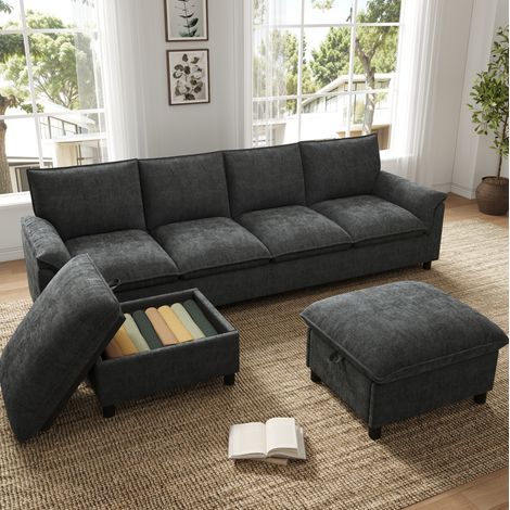 Canapé d'angle modulable en U 264,5x142,5x84 cm noir en chenille avec 2 poufs coffres et assise profonde (1/5)