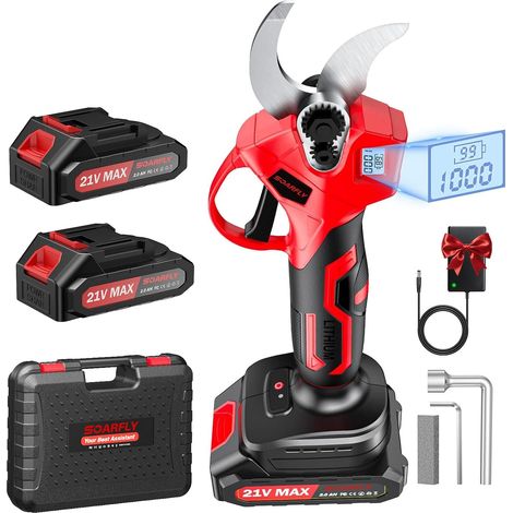Sécateur Électrique Sans Fil, Sécateur Électrique, Akku Gartenschere 35 mm, 450W Brushless Motor, 2 x 21V Akku, SK5 Stahlklinge, LCD Anzeige, Für Obstbäume Gartenpflanzen Reben, Rouge (1/5)