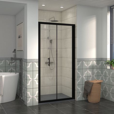 NRG 1000mm Bathroom Bi- Fold Shower Door Black Framed with 1000x800mm SMC Rectangle Shower Tray Anthracite (1/5)