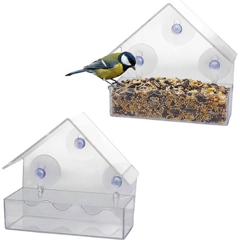 Fenster Futterhäuschen für Vögel 15 x 15 cm - 2er Set - Transparentes Vogelhäuschen mit Saugnäpfen