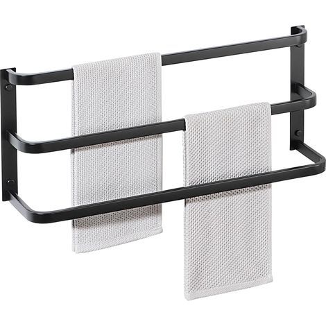 Porte Serviette Salle de Bain sans Percage, Porte Serviette sur Pied Murale, avec 2 Crochets, 60 cm Noir (3 Couches) (1/5)