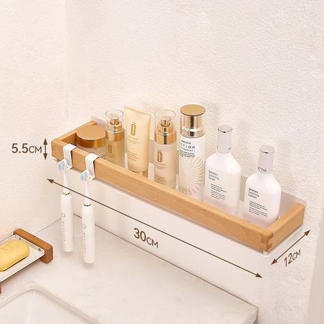 (BLANC 30CM) Étagère de cuisine en bois noir, montage par vis, organisateur de maquillage, étagère d'angle en métal, étagère de rangement, étagère murale de douche, salle de bain (1/5)