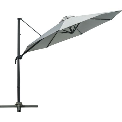 3(m) LED Cantilever Parasol Garden Sun Umbrella w/ Cross Base and Solar Lights Grey