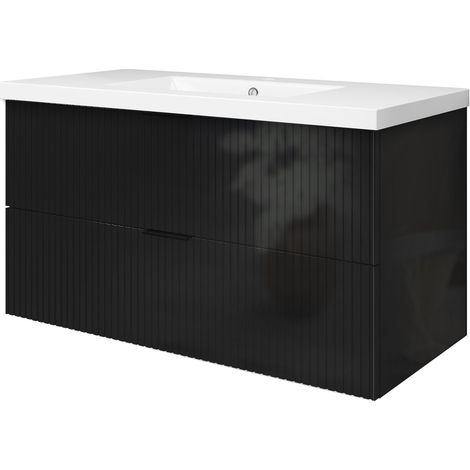 Meuble de salle de bain suspendu 100 cm, 2 tiroirs, avec vasque,MDF noir brillant (1/5)