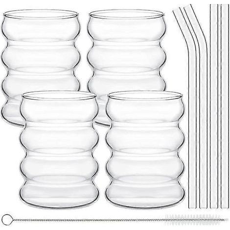Lot de 4 verres mignons à effet ondulé, style rétro, avec paille, verres côtelés pour la cuisine, le café et les jus. (1/5)