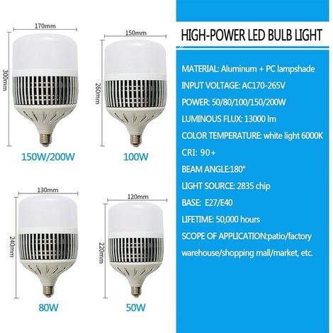 Ampoule LED Haute Puissance E27 / E40 Lampe D'atelier Ampoule à économie D'énergie En Aluminium, Ampoules LED à Lumière Blanche 200W, 6500K Pas De Scintillement, Maison/Commercial (100W,E27) (1/5)