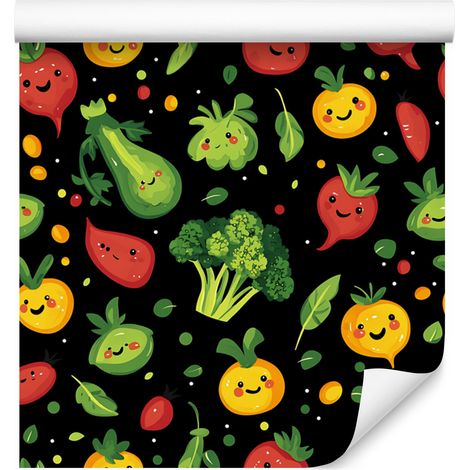 Papier peint Kawaii Légumes Noir, Vert Bouteille et Rouge 50x1000 cm (1/4)