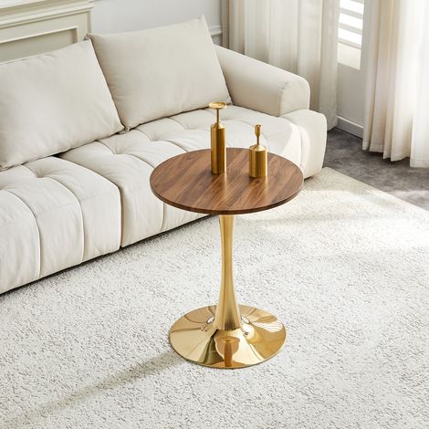 Mesa auxiliar redonda de Ø60 cm, estilo mediados de siglo, para cocina/salón, tablero de MDF marrón, base central de metal dorado, altura 72 cm (1/5)