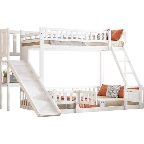 Lit superposé enfant en pin et MDF blanc 140x200 cm avec toboggan, échelle, garde-corps et étagères (EN747) (1/5)