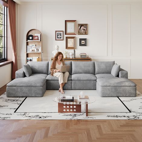 Canapé Cloud de 340 cm en velours côtelé, structure à double couche, housse amovible, livré monté – idéal pour salon, chambre, salle de conférence et appartement, coloris gris foncé. (1/5)