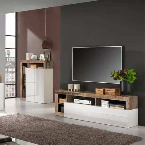 Dmora TV-Möbel, Made in Italy, Sideboard für Wohnzimmer-TV mit 1 Tür und offenen Fächern, cm 184x42h58, glänzend weiß und birnenfarben (1/5)