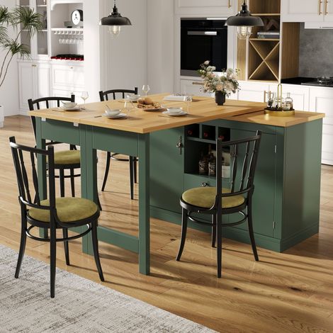 Mesa de bar giratoria extensible de 120 a 180 cm con espacio de almacenamiento y botellero, multifuncional, de MDF verde antiguo. (1/5)