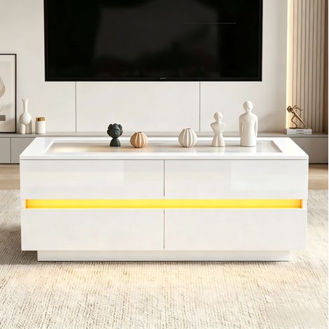 Table basse 100x50x40 cm blanche avec 4 tiroirs, LED et verre trempé, panneaux de bois MEUBLIV (1/5)
