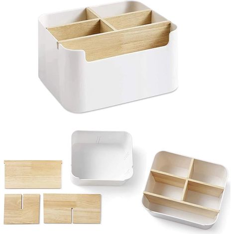 Ahlsen Caja de almacenamiento de escritorio, 5 compartimentos, caja de control remoto de goma de madera, caja de almacenamiento multifuncional para controles remotos, suministros para el hogar y la of (1/5)